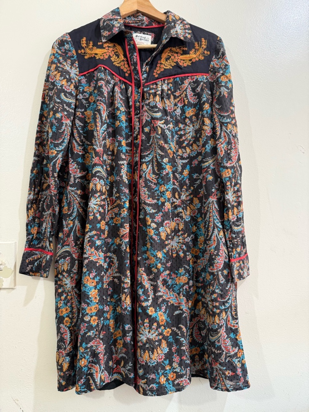HOLDING HORSES Black Paisley Floral Long Sleeve Dress with Red Trim